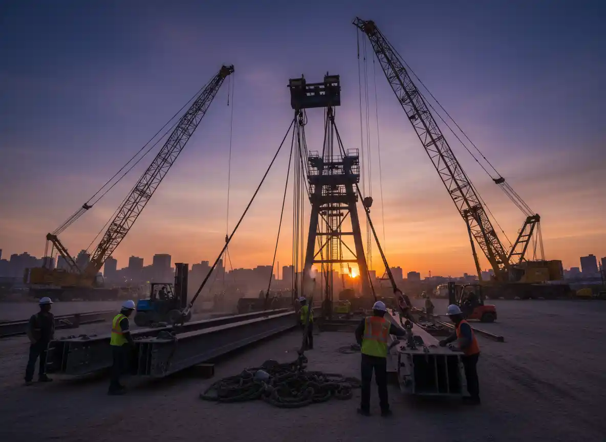Industrial rigging crew carrying out a heavy lifting operation with cranes